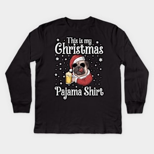 This Is My Christmas Pajama Shirt Beer Dog Santa Hat Christmas Kids Long Sleeve T-Shirt